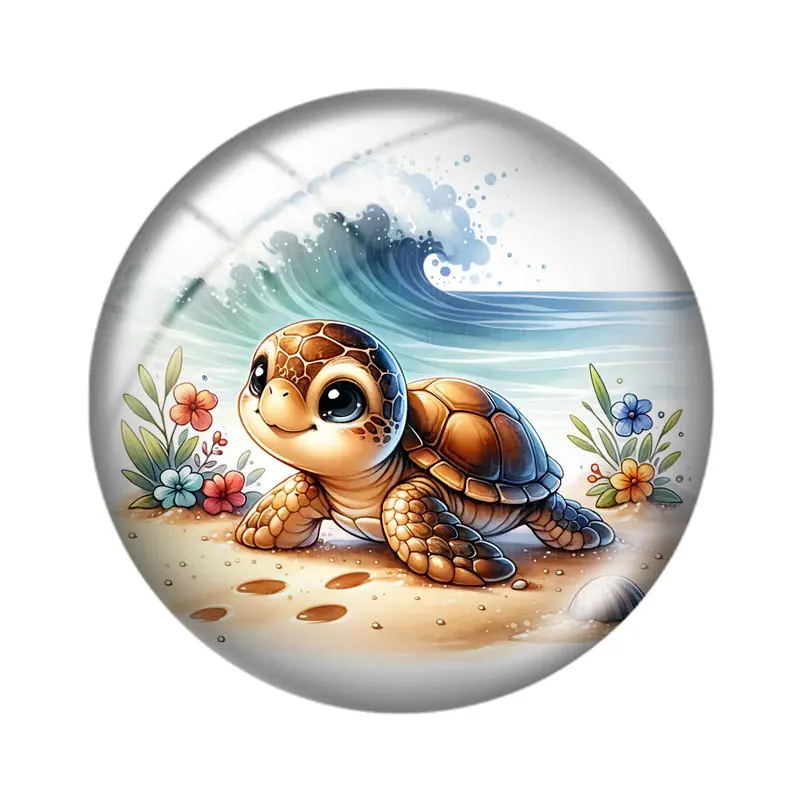 Cute Baby Turtle 12mm/14mm/16mm/18mm/20mm/25mm Round Photo Glass Cabochon Demo Flat Back Making Findings view 2