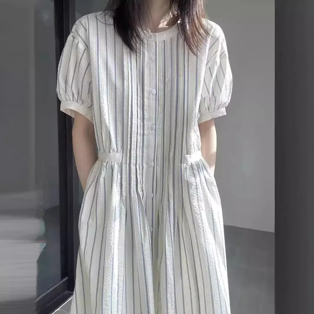 

Women Striped Dress 2025 New Summer Women's White Striped Dress French Gentle Style Casual Belted Elegant Dresst