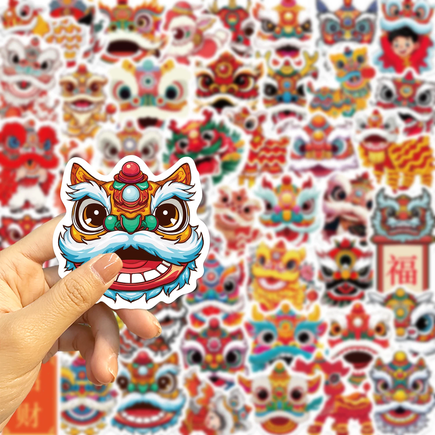 สติกเกอร์ลายสิงโตเต้นรำแบบจีน 50 ชิ้น สติกเกอร์การ์ตูน PVC สไตล์สร้างสรรค์ ลายสิงโตต้อนรับปีใหม่ สำหรับตกแต่งเคสมือถือ