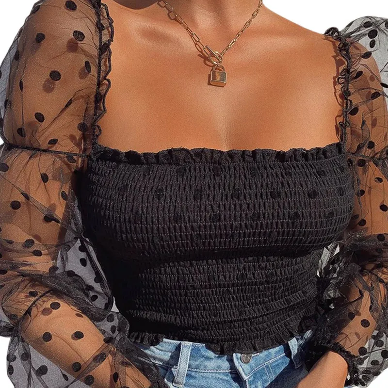 Women Lace See-through Crop Tops Polka Dot T-shirts Summer Autumn Clothes Elegant Puff Long Sleeve Elastic Tees Sexy Streetwear