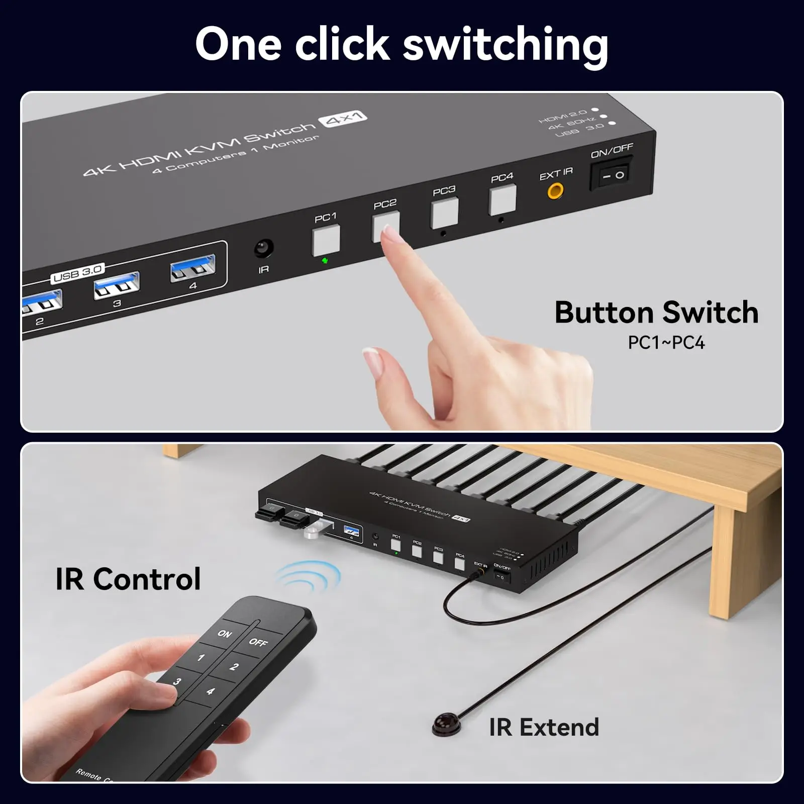 KVM-переключатель USB 3.0 HDMI 4 компьютера EDID 4K при 60 Гц/8K при 60 Гц 4-портовый KVM для совместного использования 4 ПК 1 монитор и 4 устройства USB 3.0 2K при 120 Гц
