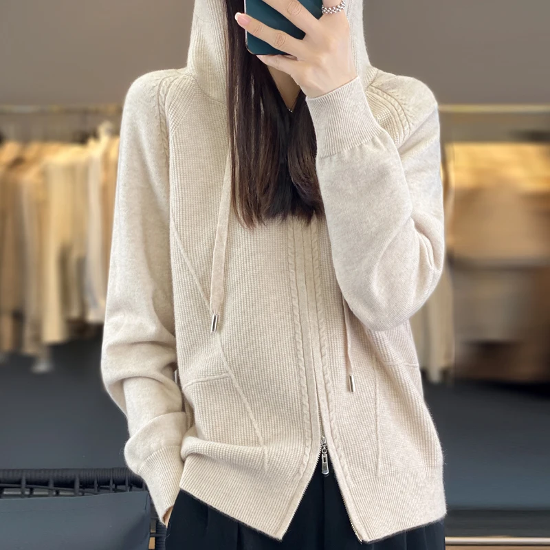 Women's Autumn and Winter Hooded Cardigan Pure Wool Zipper Fashion Long-sleeved Sweater Cardigan Korean-style Loose Top