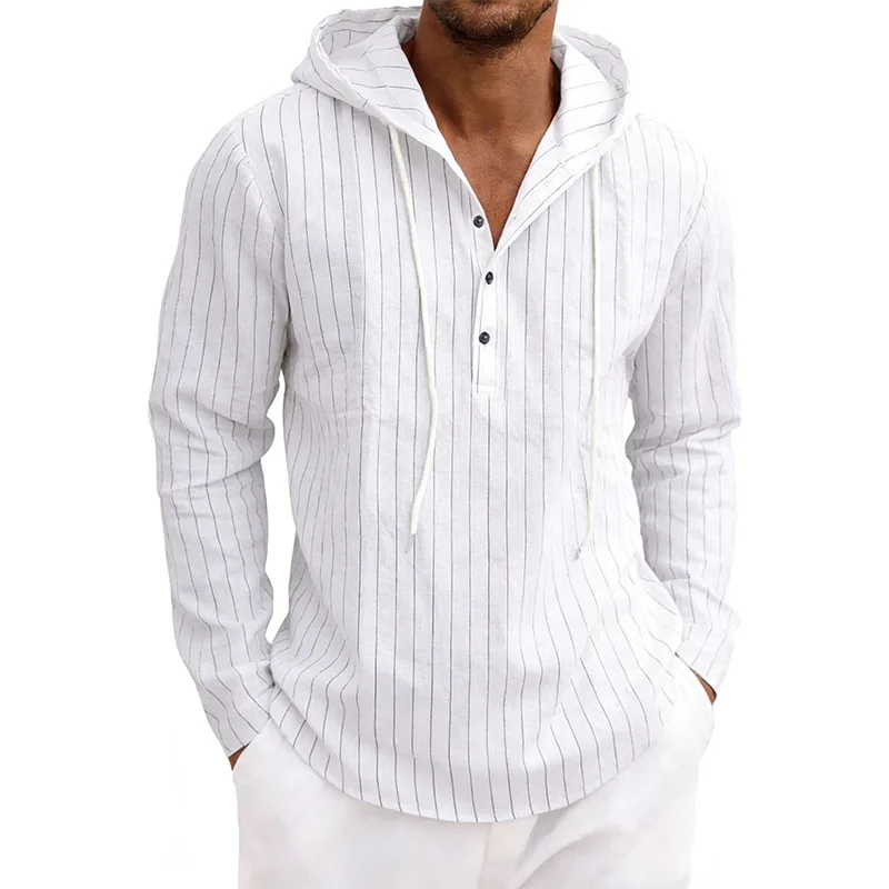 Spring American Casual Men's Loose Linen Vertical Striped Half-open Drawstring Hooded Long Sleeve Shirt
