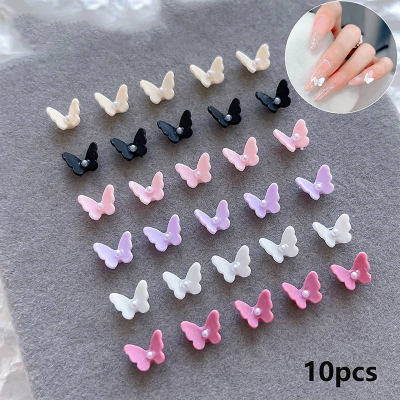 10pcs 3d Colorful Butterfly With Pearl Charm Nail Art Butterfly Nail Decoration Pixie Ornaments Diy Manicure Accessories