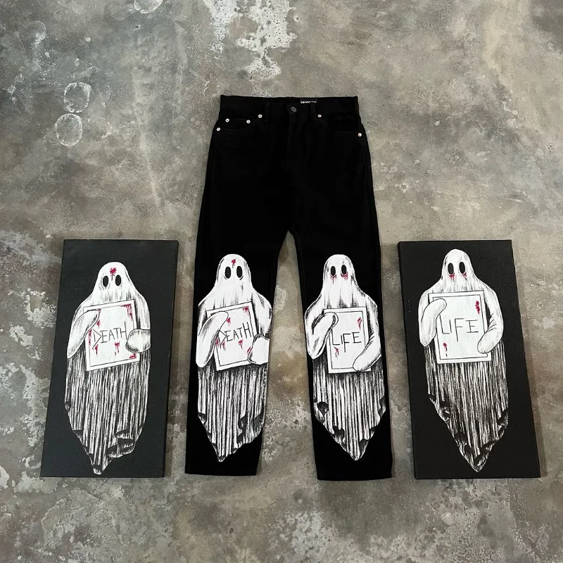 Jeans rétro taille haute pour hommes et femmes, pantalons longueur au sol, style sombre, streetwear hip-hop, streetwear, Harajuku ChimBrand, Y2k