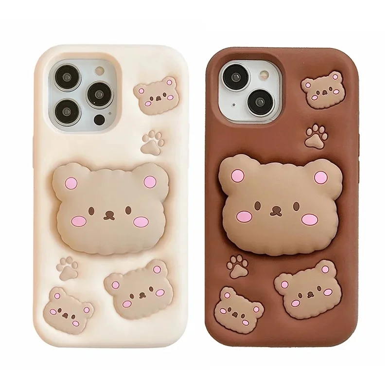 Kawaii Bear Soft Silicone Case for iPhone 18 17 16 15 14plus 13 12 11 Pro Max With Stand Holder Compatible With Multiple