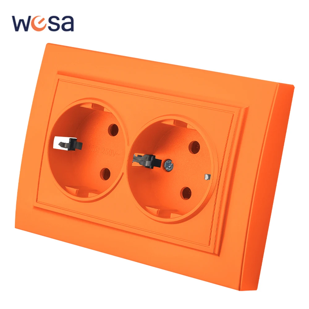 WESA Orange Wall Embed Socket Plugs Power 2 Socket EU Electrical Outlett With Ground Flame Retardant Spray Paint Plastic Sockets