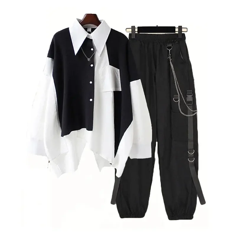 2PCS Women's Streetwear Outfits Loose Long Sleeve Shirt Ribbon Chain Cargo Pants 2 Piece Sets Korean Casual Unisex Couple Suit