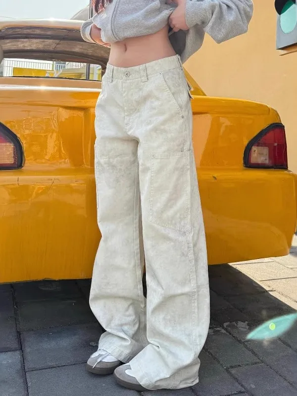 

Джинсы в американском ретро-стиле с мраморным узором, прямые, повседневные, для работы, дизайн Cleanfit, длинные брюки, молодежный стиль, повседневная одежда