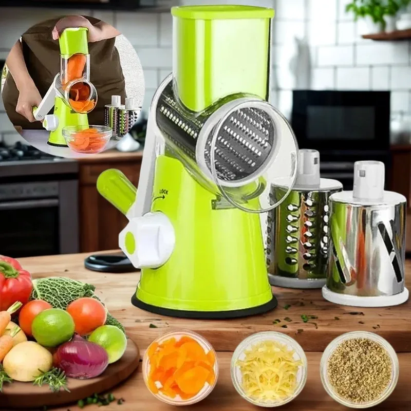 NEW Vegetable Cutter & Slicer Manual Kitchen Cheese Chopper Machine With 3 Sharp Drums Multifunctional Garlic Potato Shredder