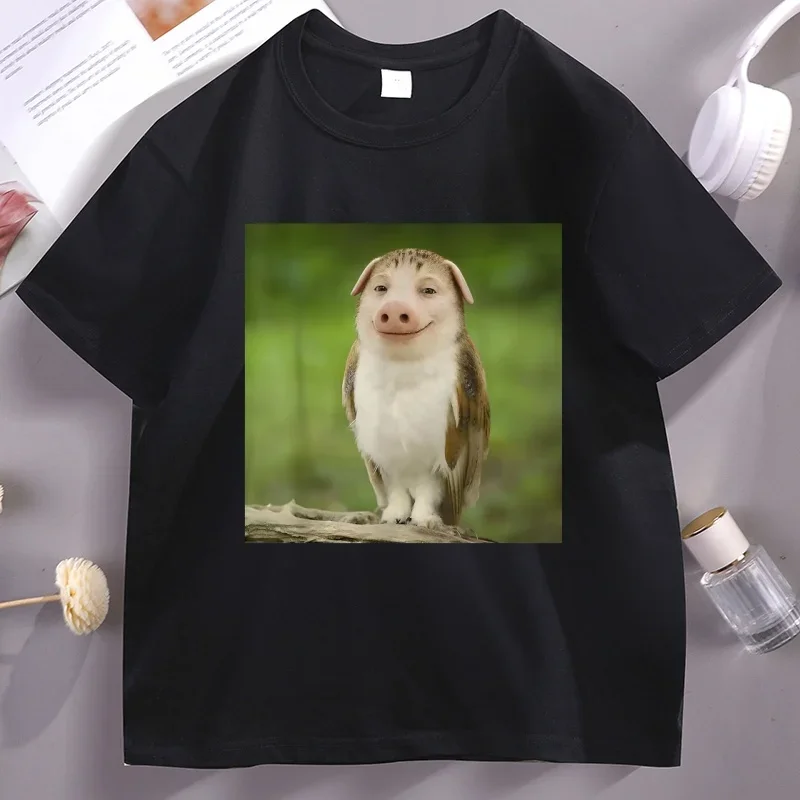 Menswear Unisex Casual Short-Sleeve Print T-Shirt John Pork Meowl Funny T Shirts Pig Owl Brainrot Meme Graphic T Shirts