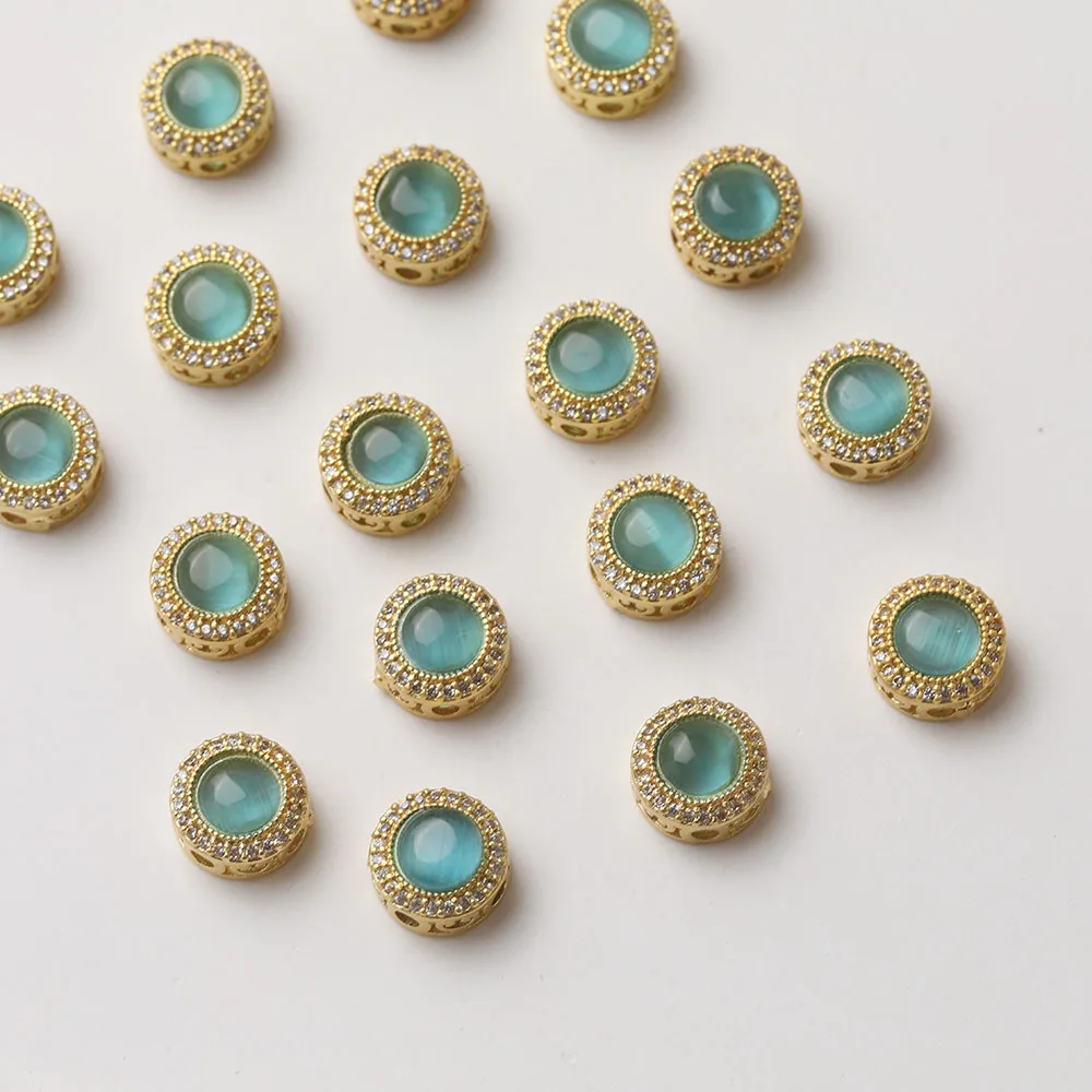 4PCS 14K Gold Plated Round Rhinestone Cat\'s Eye Retro Beads Bracelet DIY Material Jewelry Making Accessories