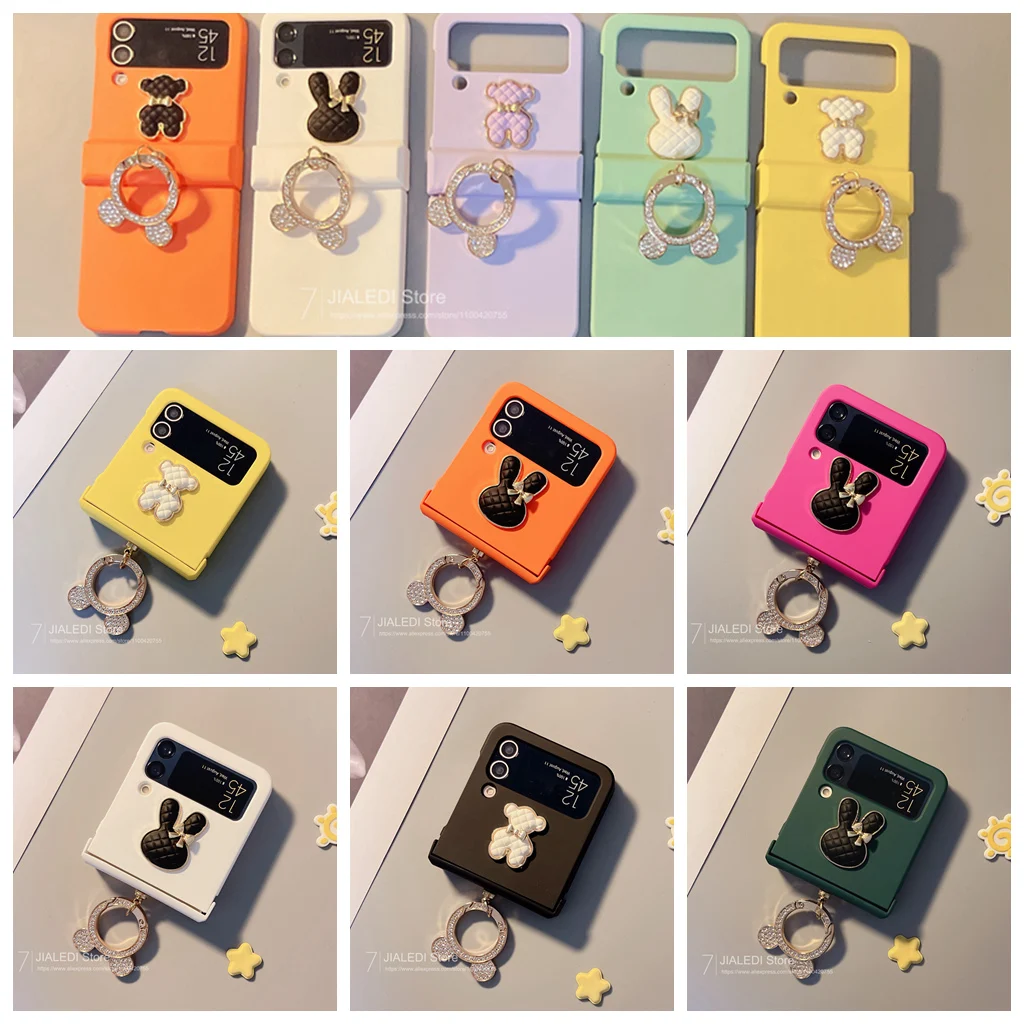 Cute Rabbit Rhinestone Ring Hinge Phone case For Samsung Galaxy Z Flip 3 4 5 6 7 flip6 zflip7 7FE Cover