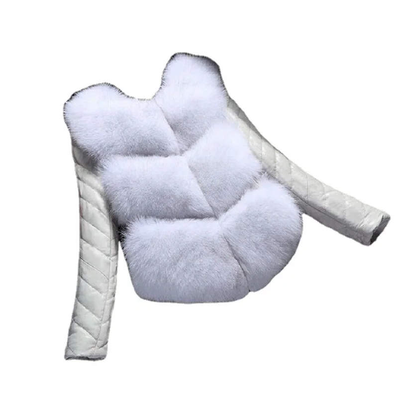 Kurtka europejska amerykańska modna miejska ze sztucznego futra, łączona ze skóry PU, złota, camel, wykwintna, elegancka, do pracy, wygodna, ciepła, na randkę