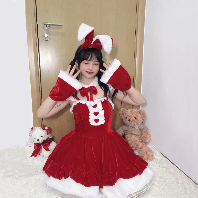 คริสต์มาสเลดี้บทบาทเล่นสีแดงสาวกระต่ายน่ารักแฟชั่น Santa Claus Lolita ชุดเซ็กซี่อะนิเมะผู้ใหญ่ชุดแม่บ้านชุด