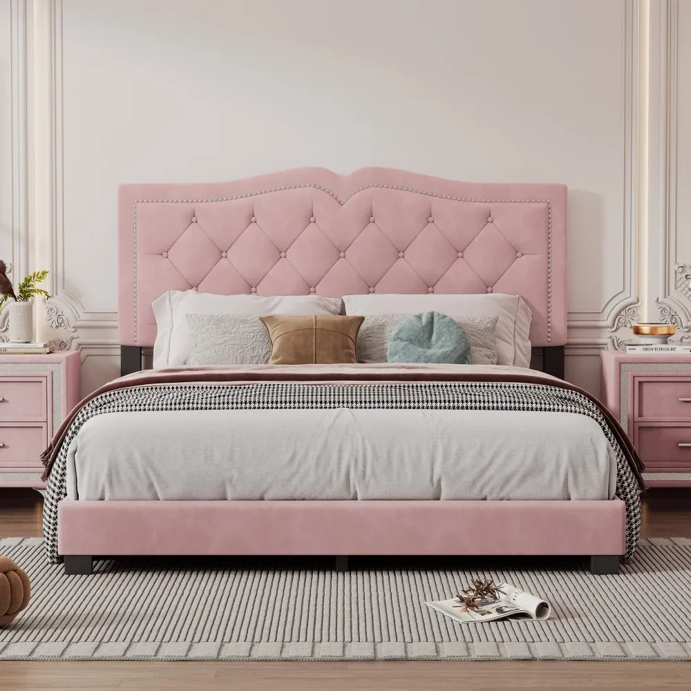 Cama con plataforma tapizada, marco de cama con plataforma de madera de terciopelo con diseño de remaches y cabecera capitoné, no necesita somier, camas rosas