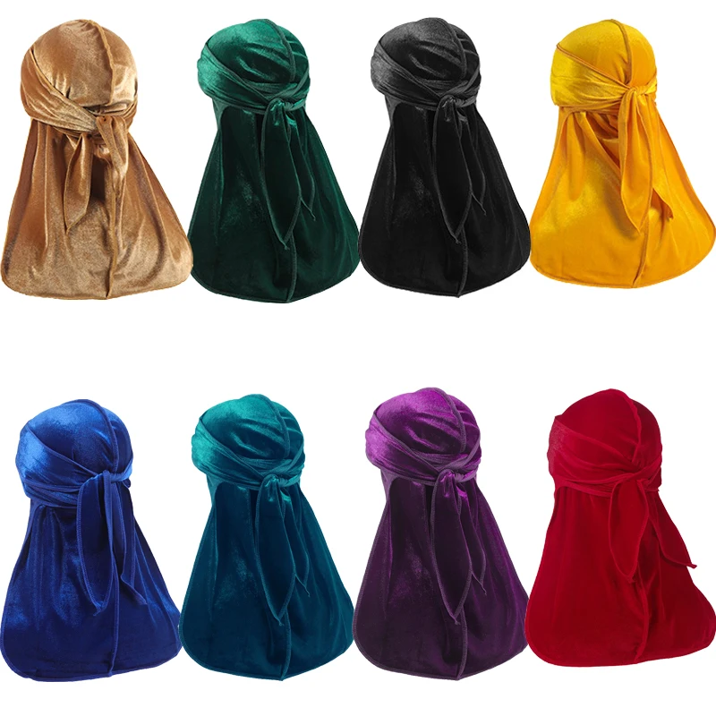 Neue Unisex Samt Durags Bandana Turban Hut Männer Frauen atmungsaktiv warm langen Schwanz Doo Lappen Durags Piraten hut Hip Hop Stirnband