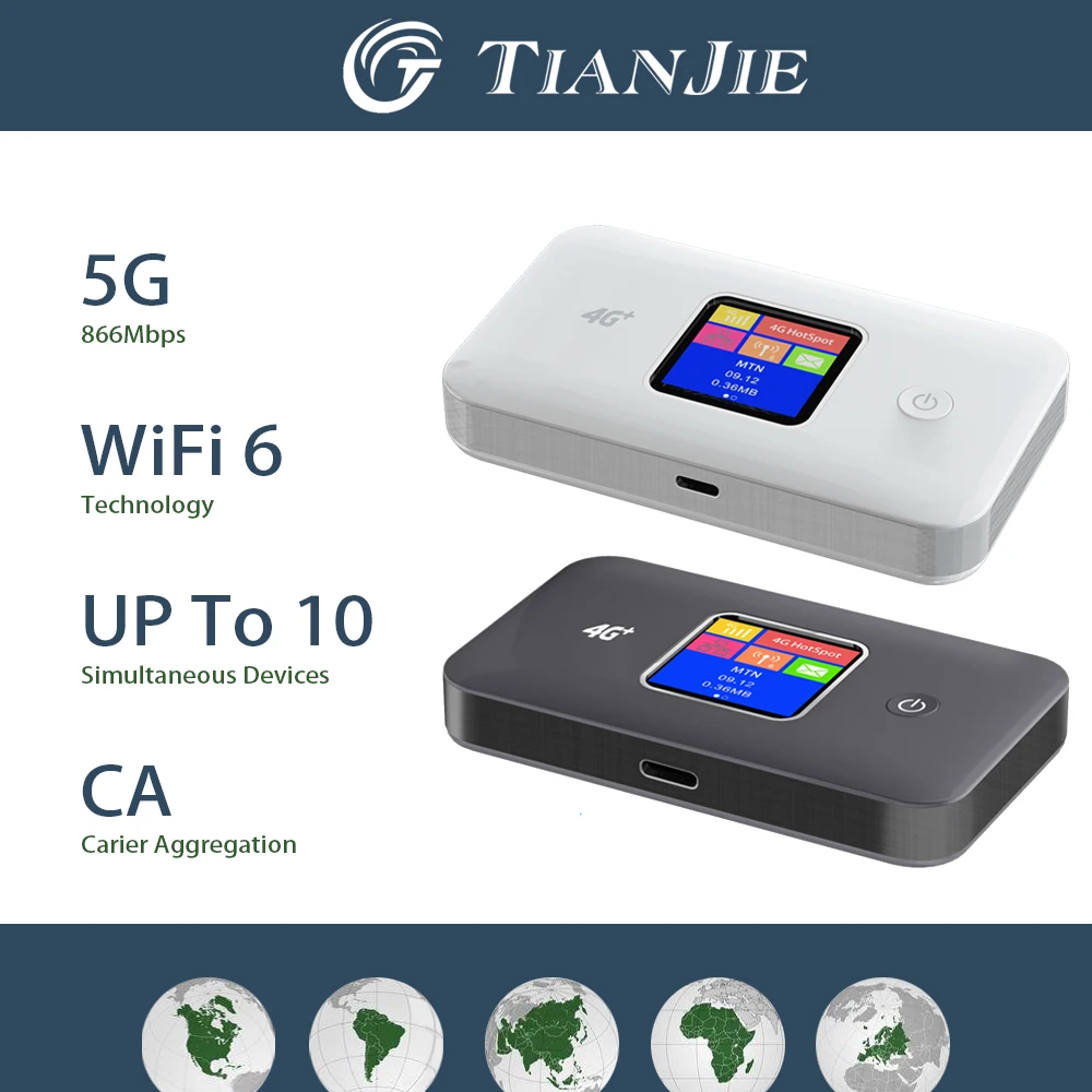 TIANJIE MF801 4G+ LTE Mobile Hotspot with Global,Portable WiFi Hotspot for Travel in 200+ Countries,3000mAh Cat6 Mifi Router