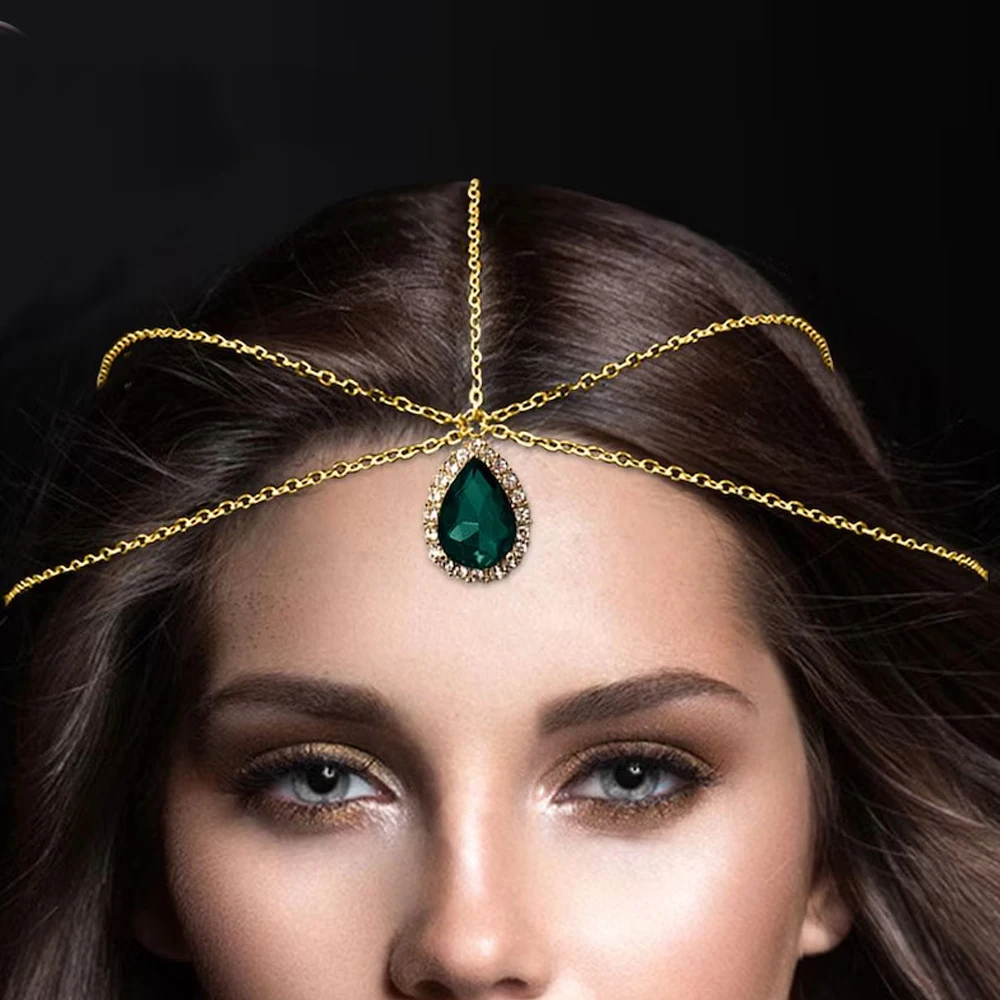 الهندي الزفاف متعدد الطبقات الجبين خوذة حفلة موسيقية إكسسوارات الشعر موضة قطرة الماء الأحمر المعادن رئيس سلسلة مجوهرات للنساء هدية