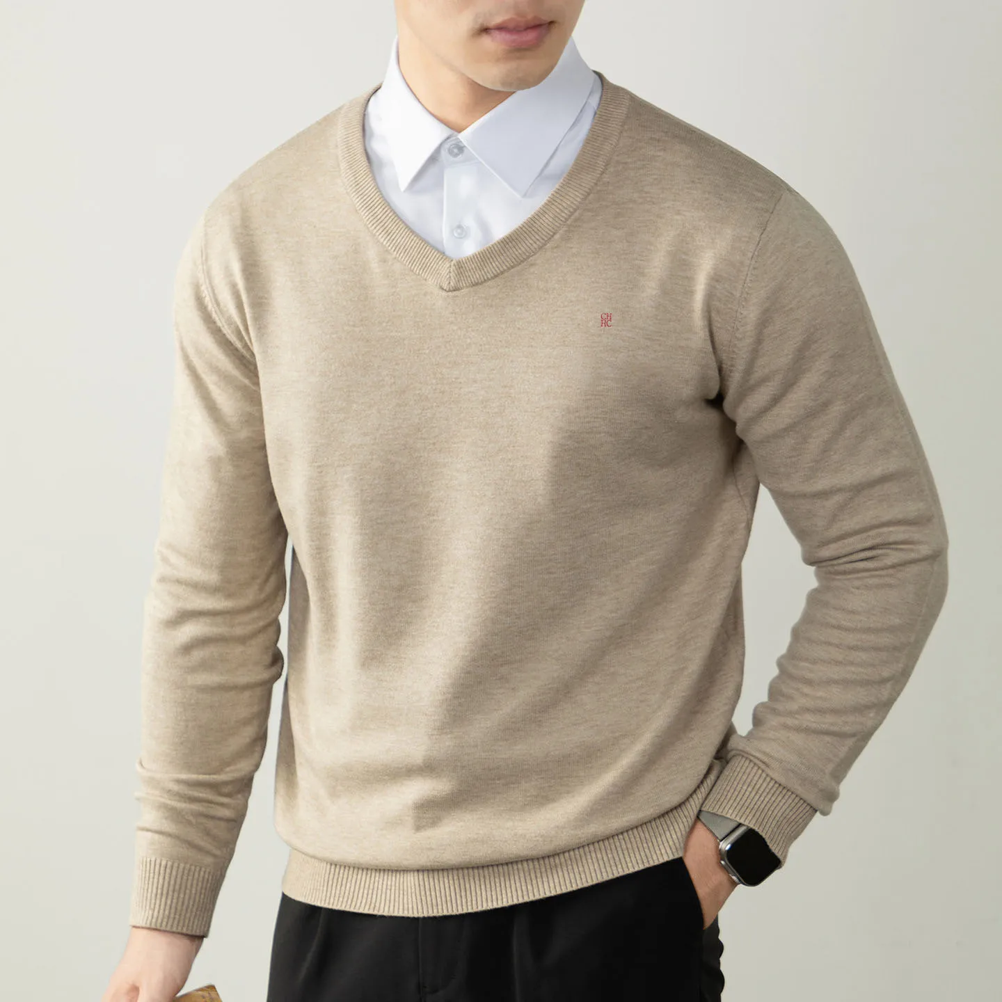CH V-Ausschnitt Strickpullover Langarm Gerippte Manschetten Fein Gestrickter Stoff Regular Fit Business Casual Strickoberteil – Detail 3