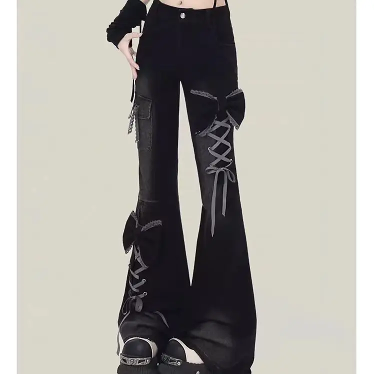 Y2K American Subculture Retro Hot Girl Slim Micro-Flare High-Waist Washed Wide-Leg Jeans Women Fashion High Street Streetwear