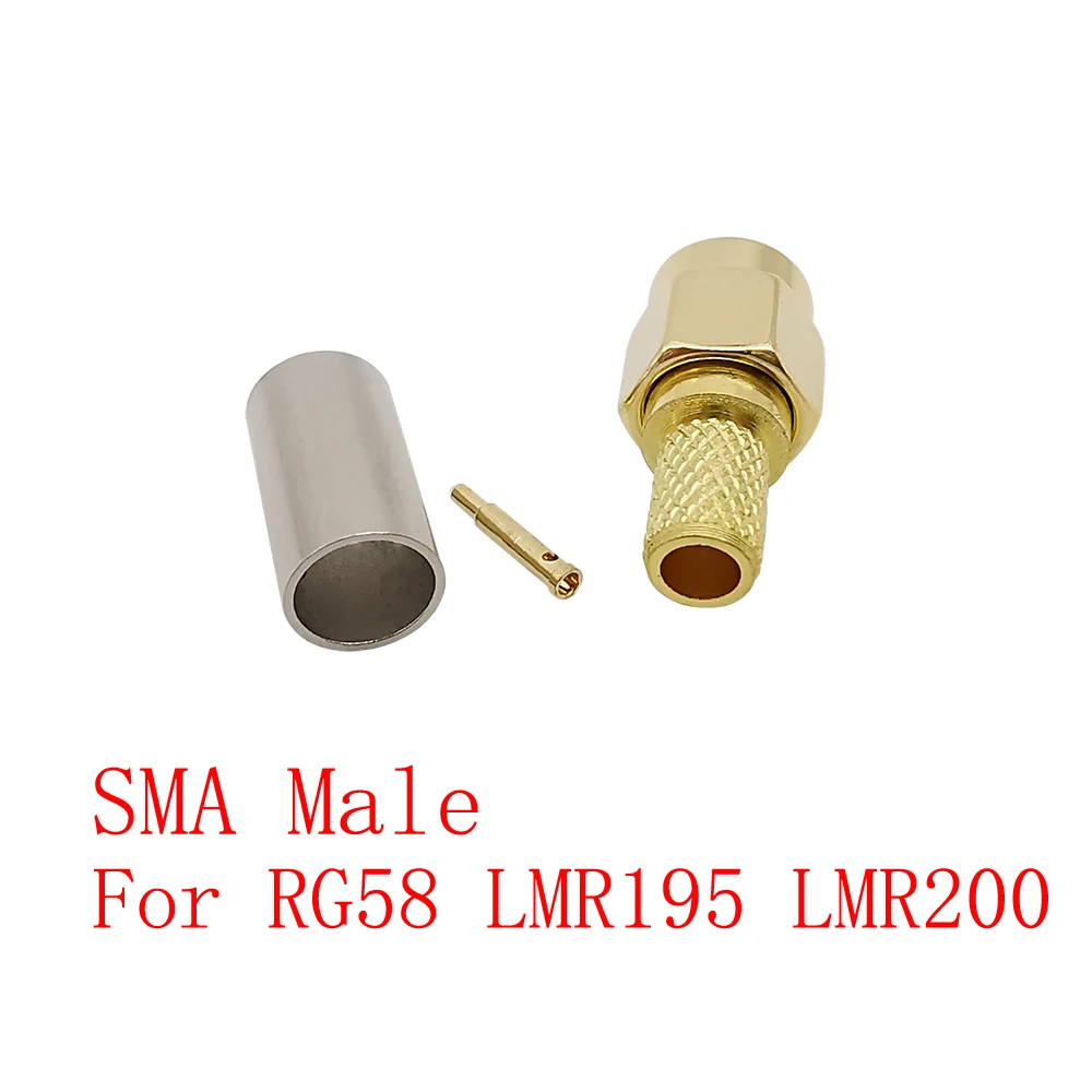 Gold Plated SMA Male Plug RF Coaxial Adapter Connector Crimp For RG58 LMR195 LMR200 Coaxial Cable