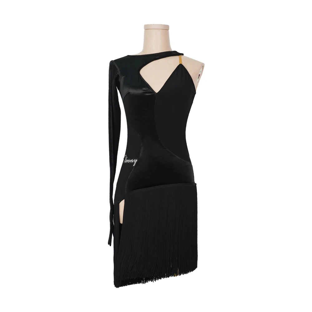 Vennystyle Latin dance dress for girls Adult Training dress One-shoulder gloves Long sleeve halter fringe skirt