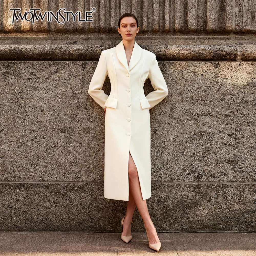 

TWOTWINSTYLE Slimming Spliced Buttons Elegant Coats for Women Lapel Long Sleeves Tunic Basics Coat Female Autumn Clothing New