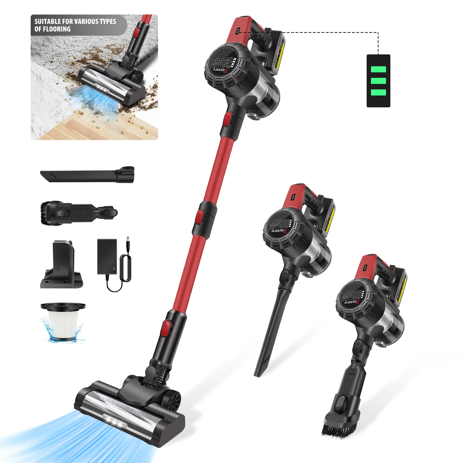 6-in-1 Cordless Vacuum Cleaner 500W 20KPA Handheld Home appliance Wall-mounted/LED-display/Pet Hair,Carpet,Hard Floor Cleaning