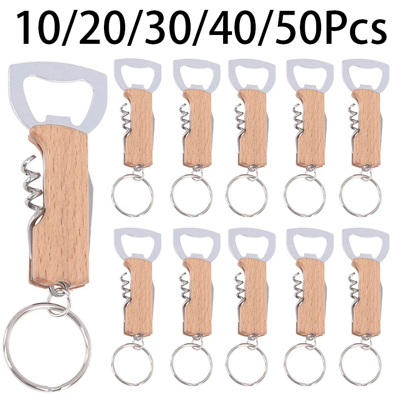 10-50Pcs Keychain Beer Bottle Opener Stainless Steel Multifunctional Wooden Handle Corkscrew Wine Opener Bar Party Accessories