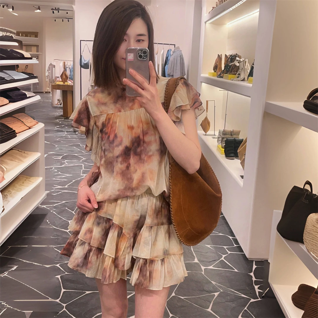 

Isa Shirt Pants Set Vintage Dyeing Color Spring New Arrival Women's Cotton Breathable Short Sleeve round Neck Print Loose Fit