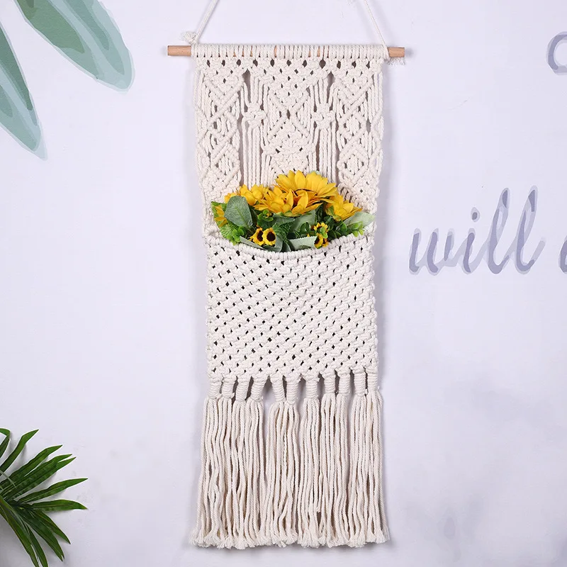 Macrame Wall Hanging Tapestry Flower Basket Hand-woven Bohemian Flower Arrangement Hanging Basket Cotton Rope Artifact Ornaments