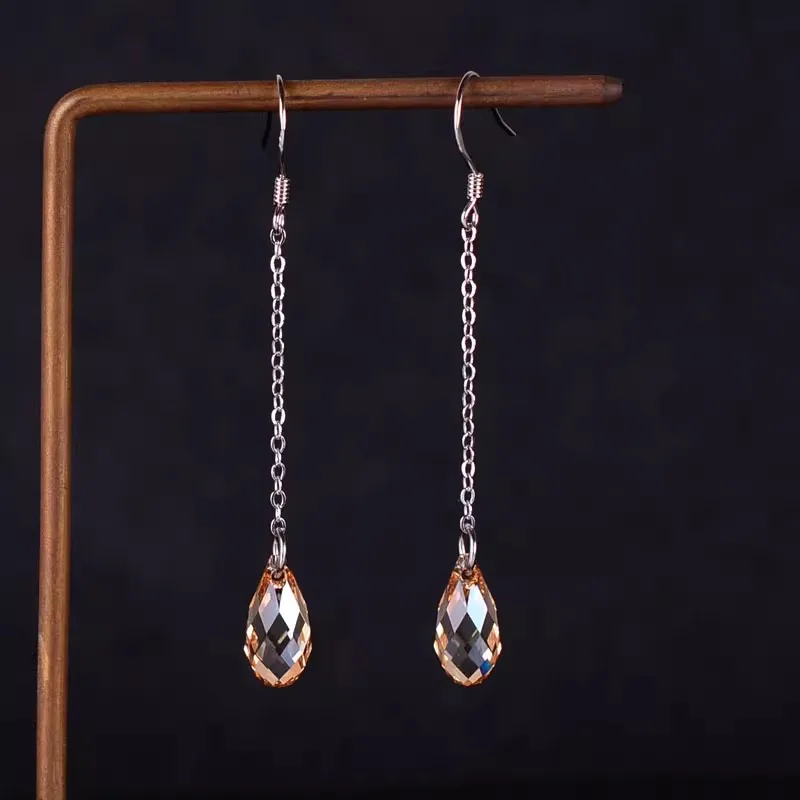 925 Sterling Silver Austrian Crystal Water Drop Earrings Ear Line Drop Earring Girl Women Birthday Valentine Favor Gift color