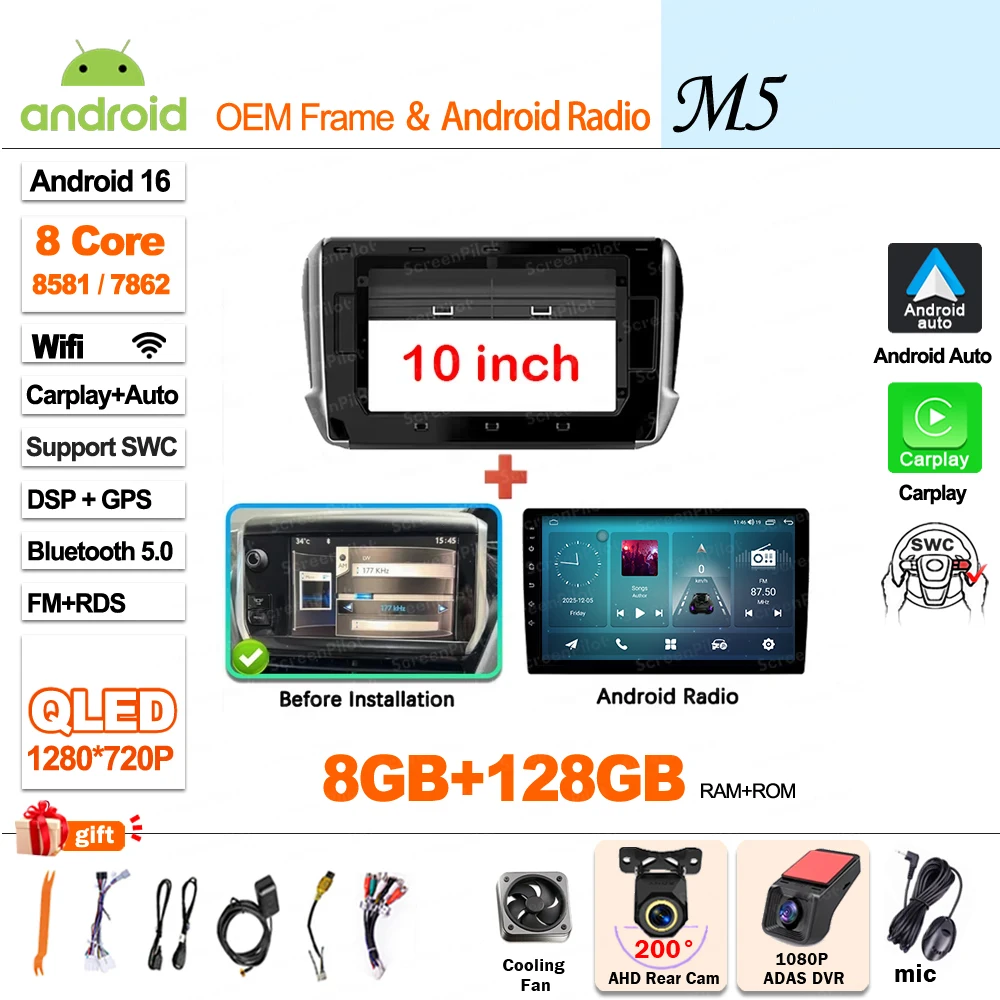 Autoradio Multimedia Speler Voor Peugeot 2008 208 2014-2018 Draadloze CarPlay Android 16 Auto Intelligente Systemen Autoraido gereedschap
