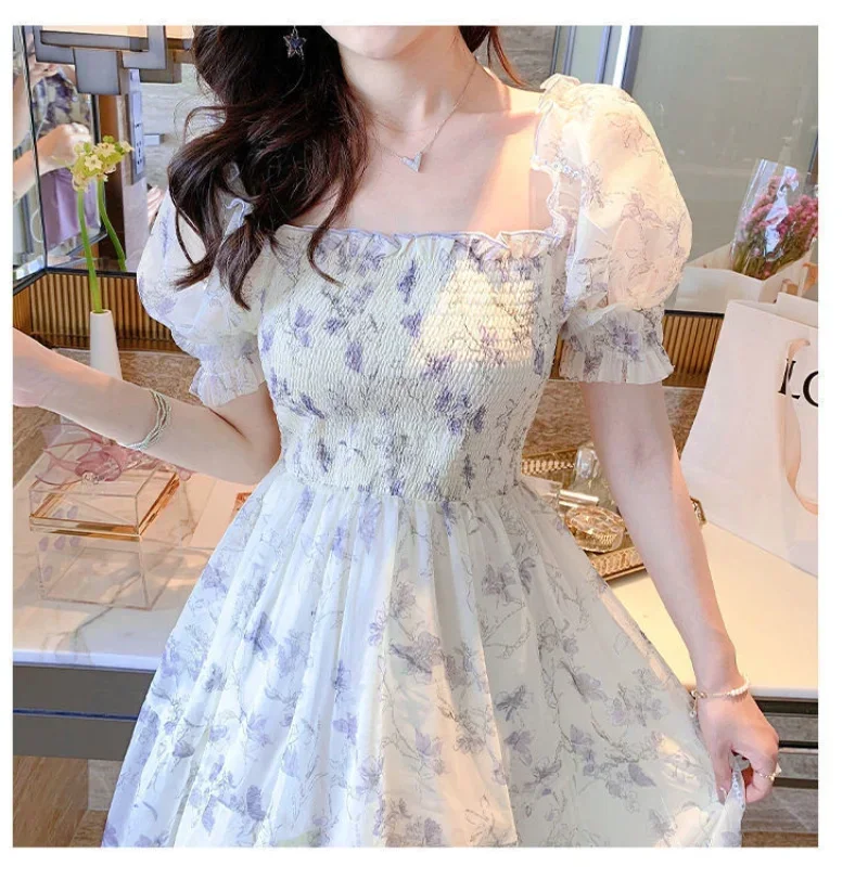 Korean Casual Floral Party Dress Summer White Chiffon Long Dress Elegant Short Sleeve Fairy Dresses Women Vestidos Y2k Dress