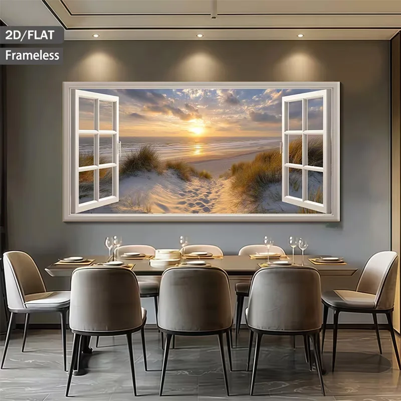 Modern Frameless Canvas Poster - Golden Sunset Beach Wall Art Suitable for Home Decor, Horizontal Window View of Coastal Dunes,