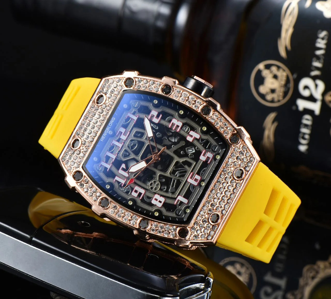 Fashionable luxury diamond inlaid watch silicone strap tonneau  large dial watch hollowed out surface calendar quartz