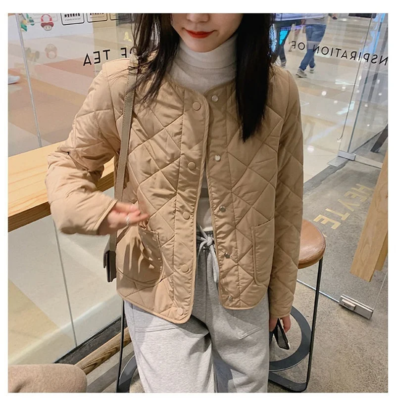 Women\'s Spring Versatile Lingge Collarless Light Thin Short Loose Cotton Jacket 2024 New Korean Cotton Jacket With Cotton Jacket