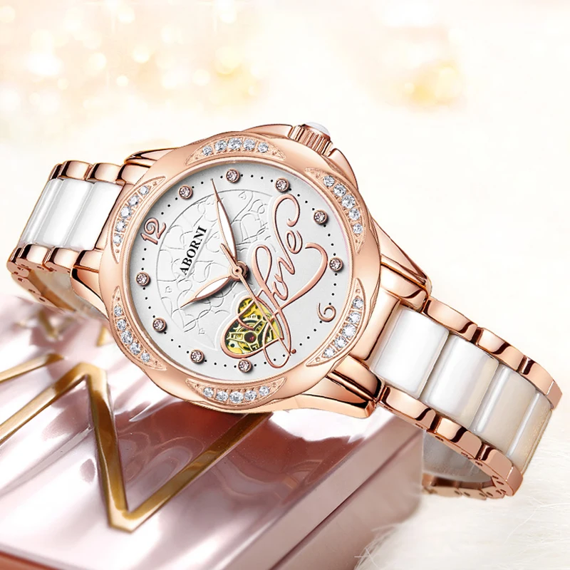ساعات آلية نسائية طبيعية للنساء والفتيات هدايا مجوهرات بحزام فولاذي للسيدات ساعات يد أوتوماتيكية ساعات Relogio Feminino