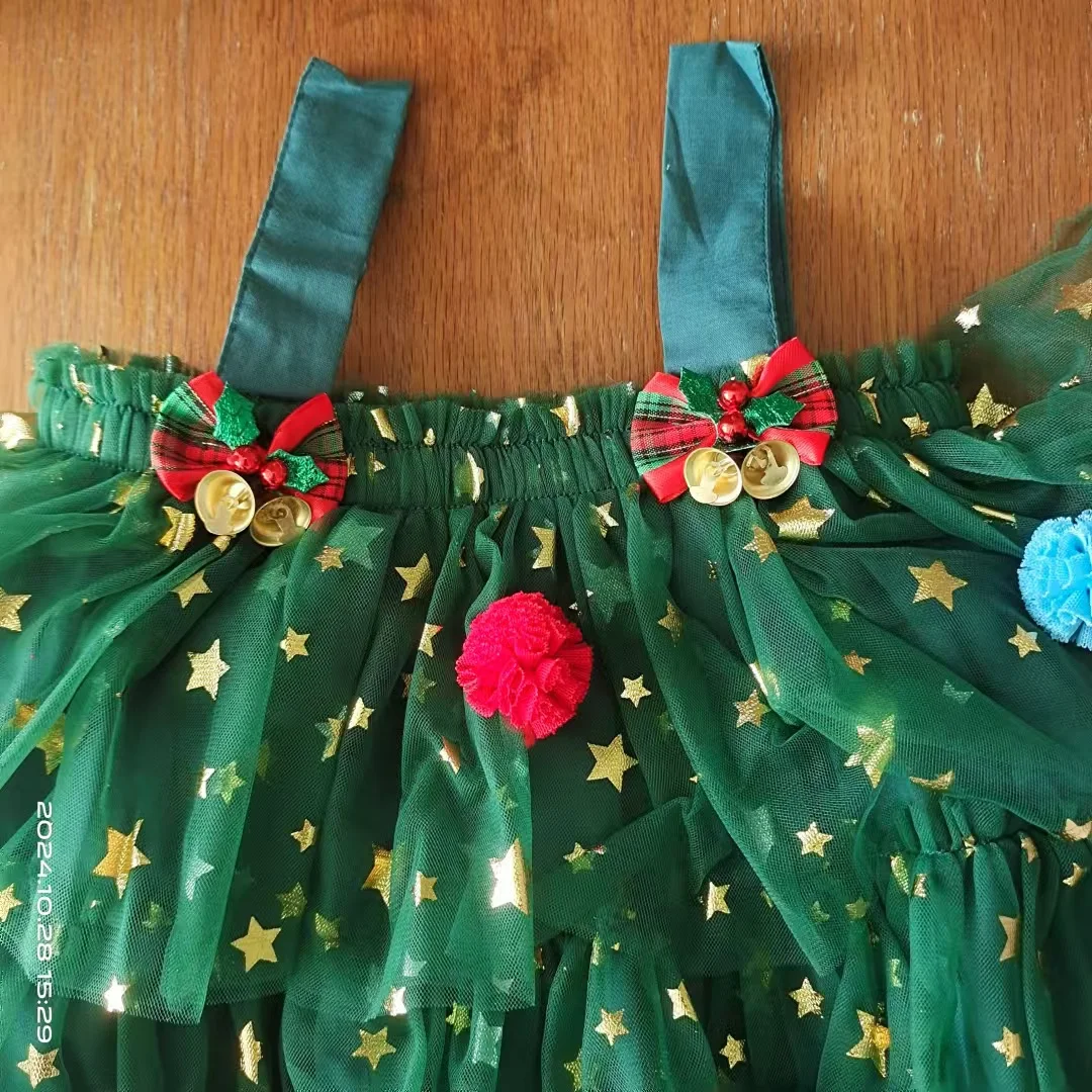 Baby Girls Christmas Tree Dress Sling Star Sequined Mesh Vestidos Layered Tulle Cake Dress with Plush Ball 1-6Y