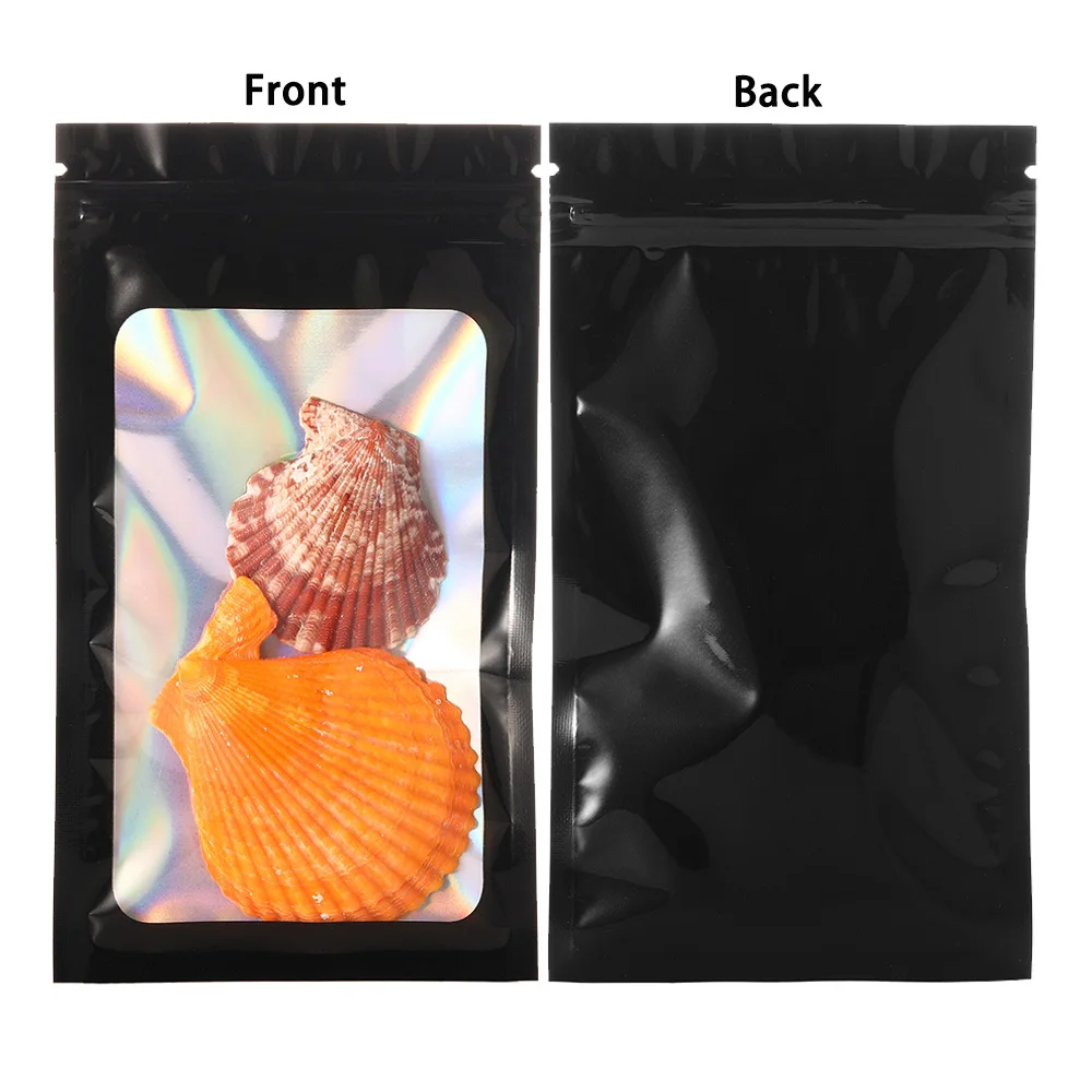 Jewelry Data Lightning Cable Packing, Pouch with Window,Black Ziplock Holographic Mylar Packaging Bag for Small Business