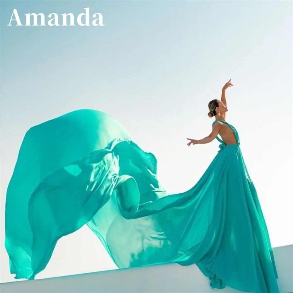 

Amanda Sexy Open Back Prom Dress Flying Green Side Split Vestidos De Noche 30D Chiffon light Sweep Train فساتين مناسبة رسمية