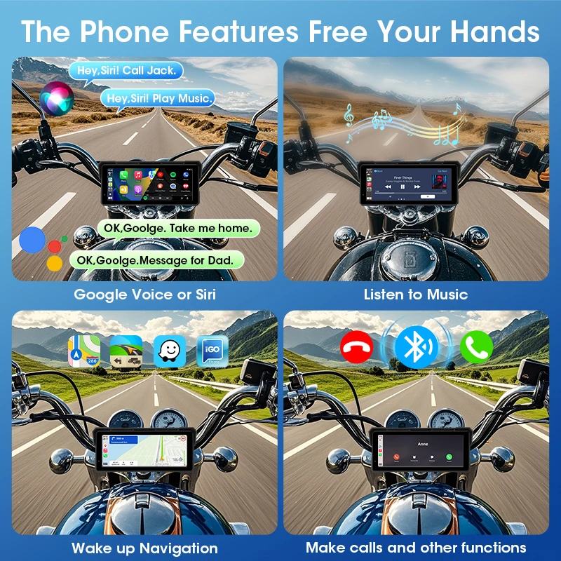 Srnubi Portable 8.1 inch IP67 Waterproof Motorcycle 4K DVR GPS Navigation Wireless Carplay Android Auto Moto Recorder Monitor