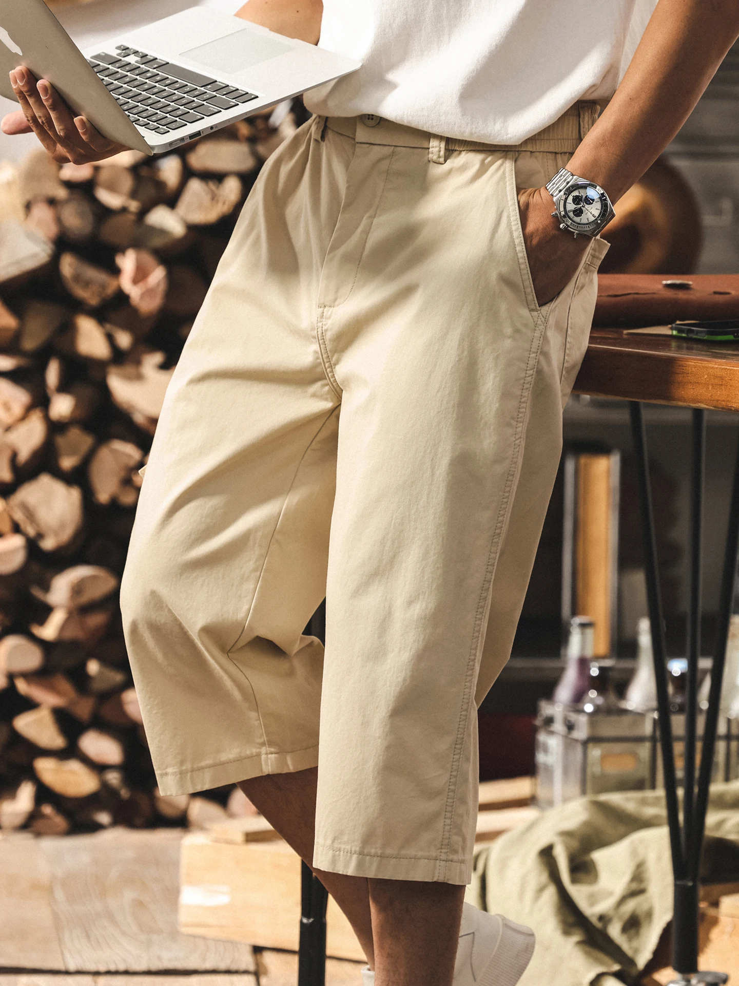 

Khaki Workwear ort Pants Men's Trendy Brand Summer New Loose Straight Casual Seven-Foot Men's Faion Breathable Cotton