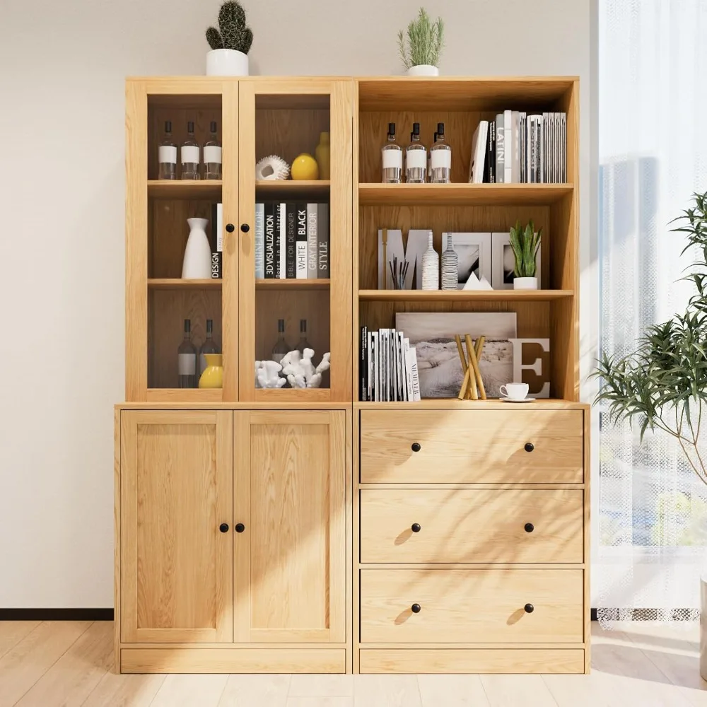 

71" Bookshelf Bookcase, 3-Tier Modern Bookshelves 3 Large Drawer, Wood Filing Cabinet with Open Storage Shelf, Glass Doors