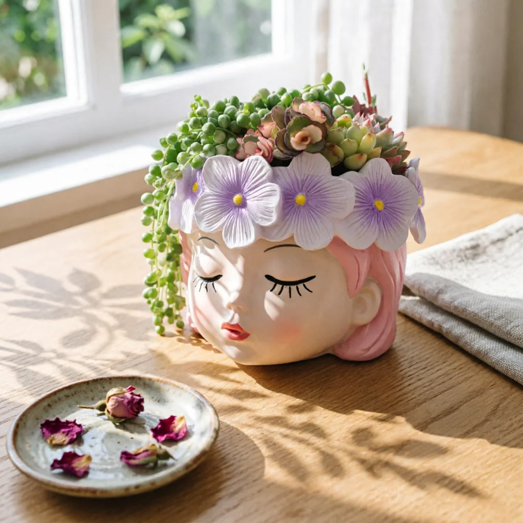 Girl Flowerpot Pink Hair Girl Face Planter Succulent Planter Trailing Greenery Plant Container Cute for Balcony