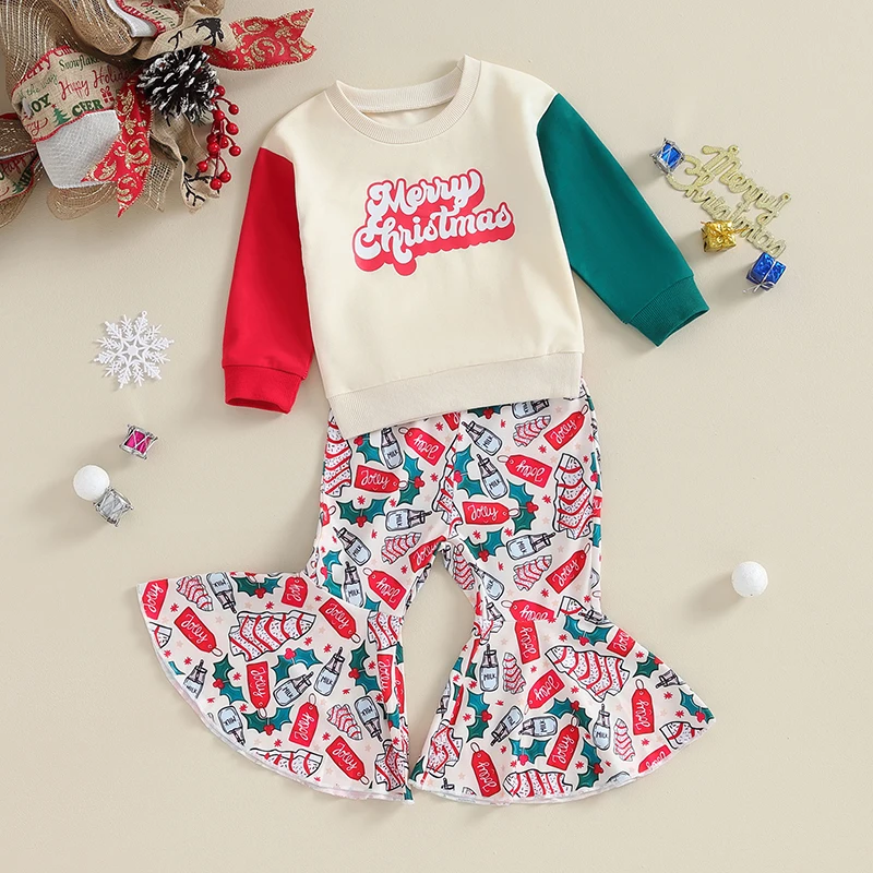 Newborn Baby Girl My 1st Christmas Outfit Santa Letter Print Long Sleeve Sweatshirt Tops Bell Bottoms Pants Winter Clothes