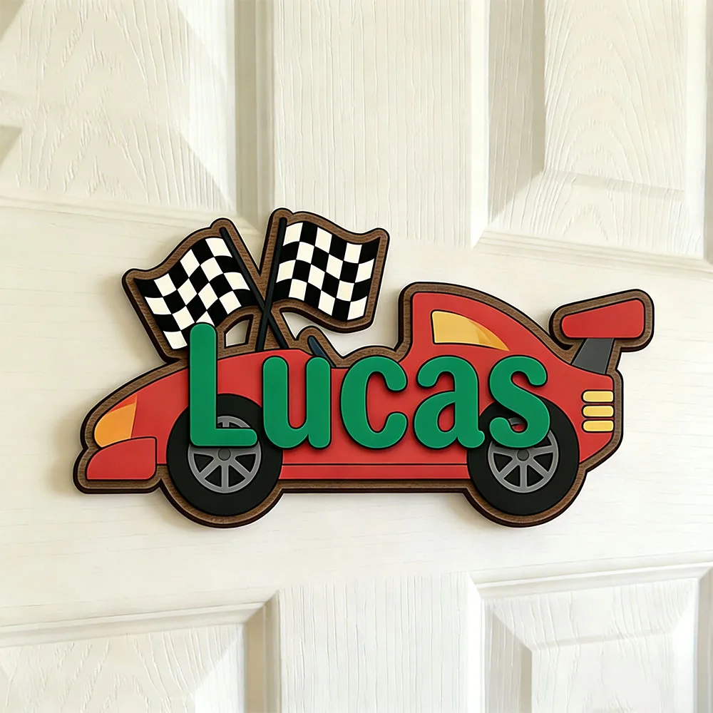 Whimsical Race Track Custom Name Plaque, Cute Red Sports Car 3D Wooden Sign, Unisex Kids Room Decor, Booming Motorsport Nursery