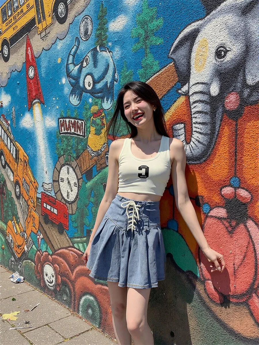 

Плиссированные джинсовые мини-юбки женские с узором и рюшами расклешенные удобные женские художественные шикарные лоскутные милые современные многослойные уникальные