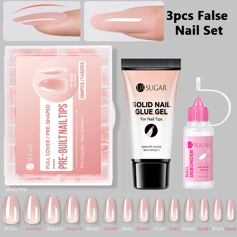 UR SUGAR 3pcs False Nail Set 280pcs Pre-built Nail Tips With Solid Nail Glue Gel Nail Debonder For Nail Extension DIY Manicure